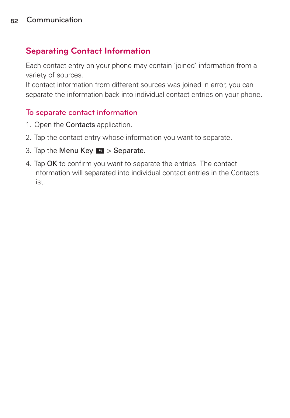 Separating contact information | LG LGVS920 User Manual | Page 84 / 192