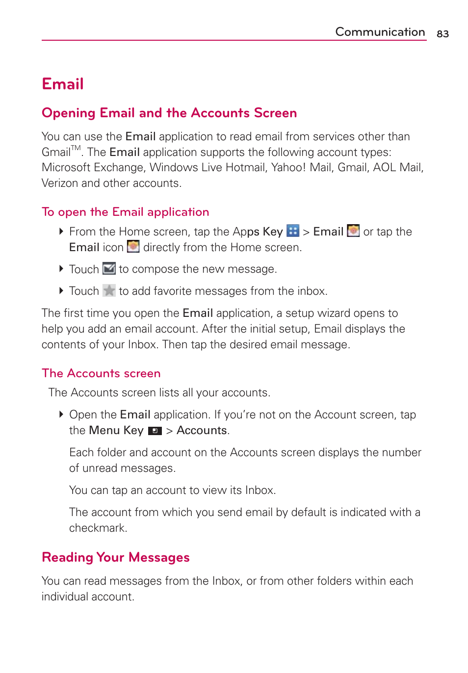 Email, Opening email and the accounts screen, Reading your messages | LG LGVS920 User Manual | Page 85 / 192