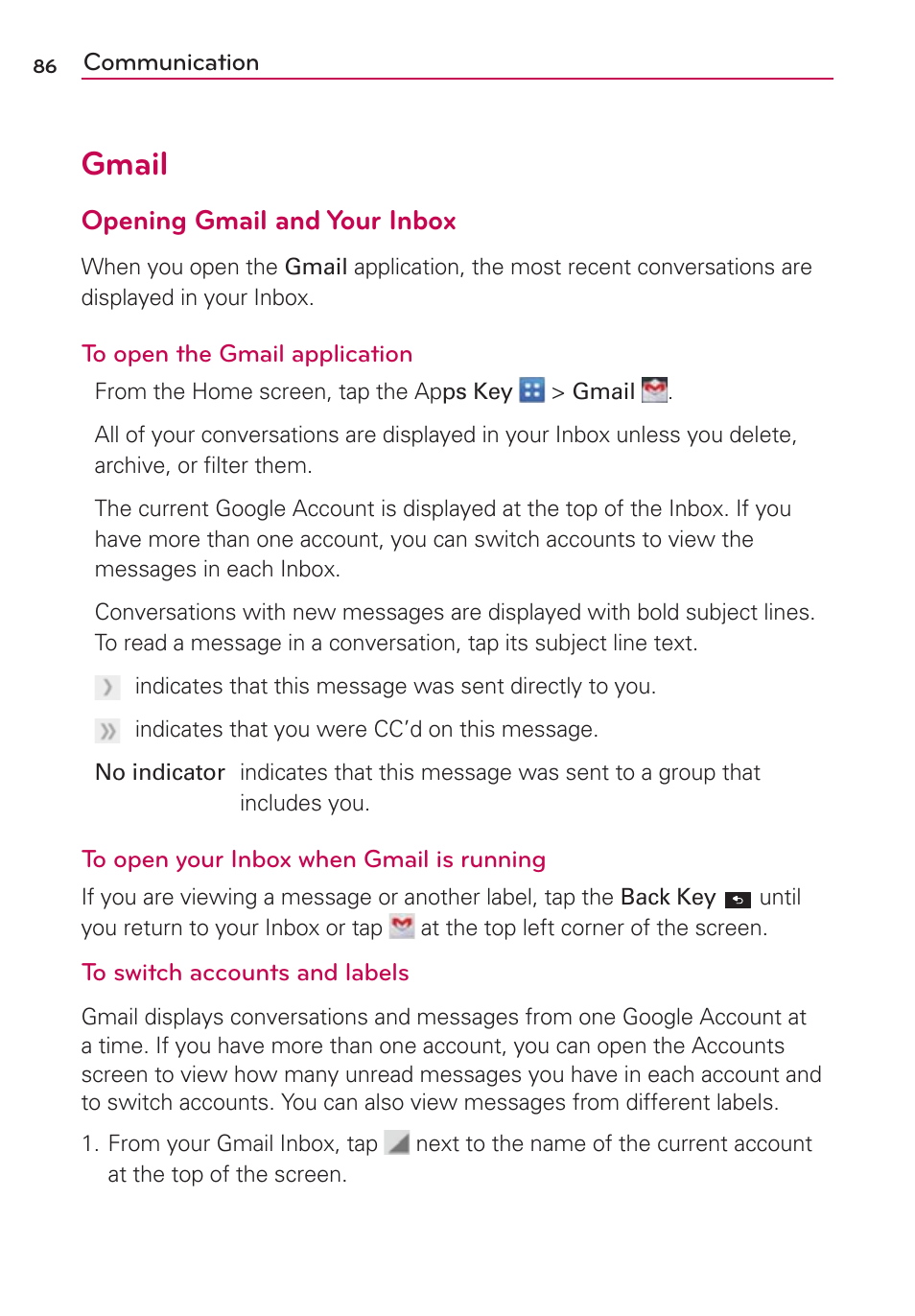 Gmail, Opening gmail and your inbox | LG LGVS920 User Manual | Page 88 / 192