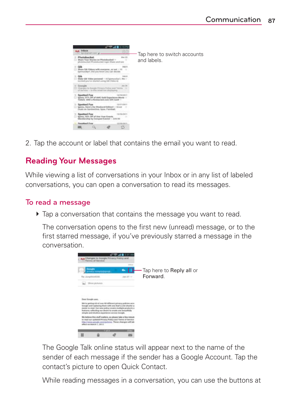 Reading your messages | LG LGVS920 User Manual | Page 89 / 192