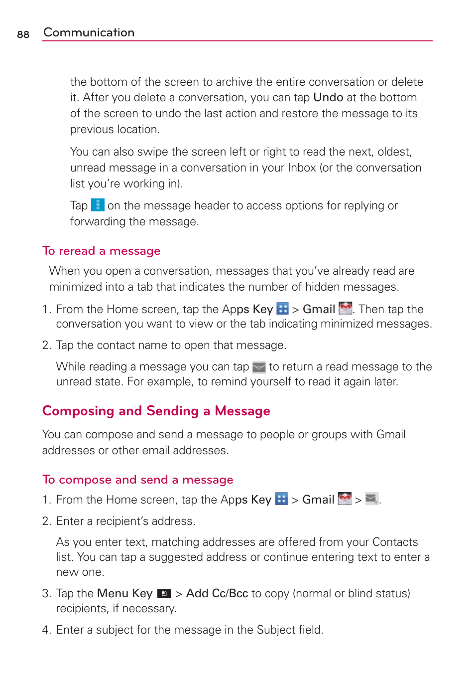 Composing and sending a message | LG LGVS920 User Manual | Page 90 / 192