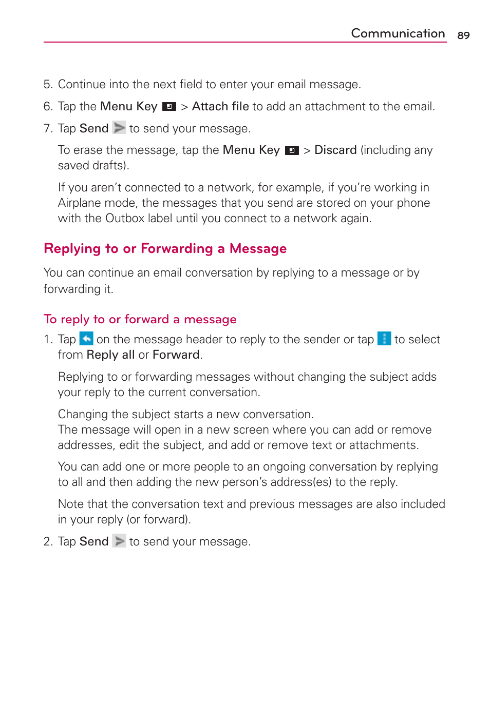 Replying to or forwarding a message | LG LGVS920 User Manual | Page 91 / 192