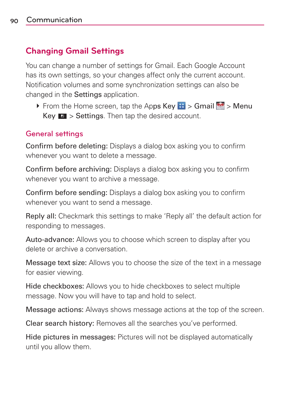 Changing gmail settings | LG LGVS920 User Manual | Page 92 / 192