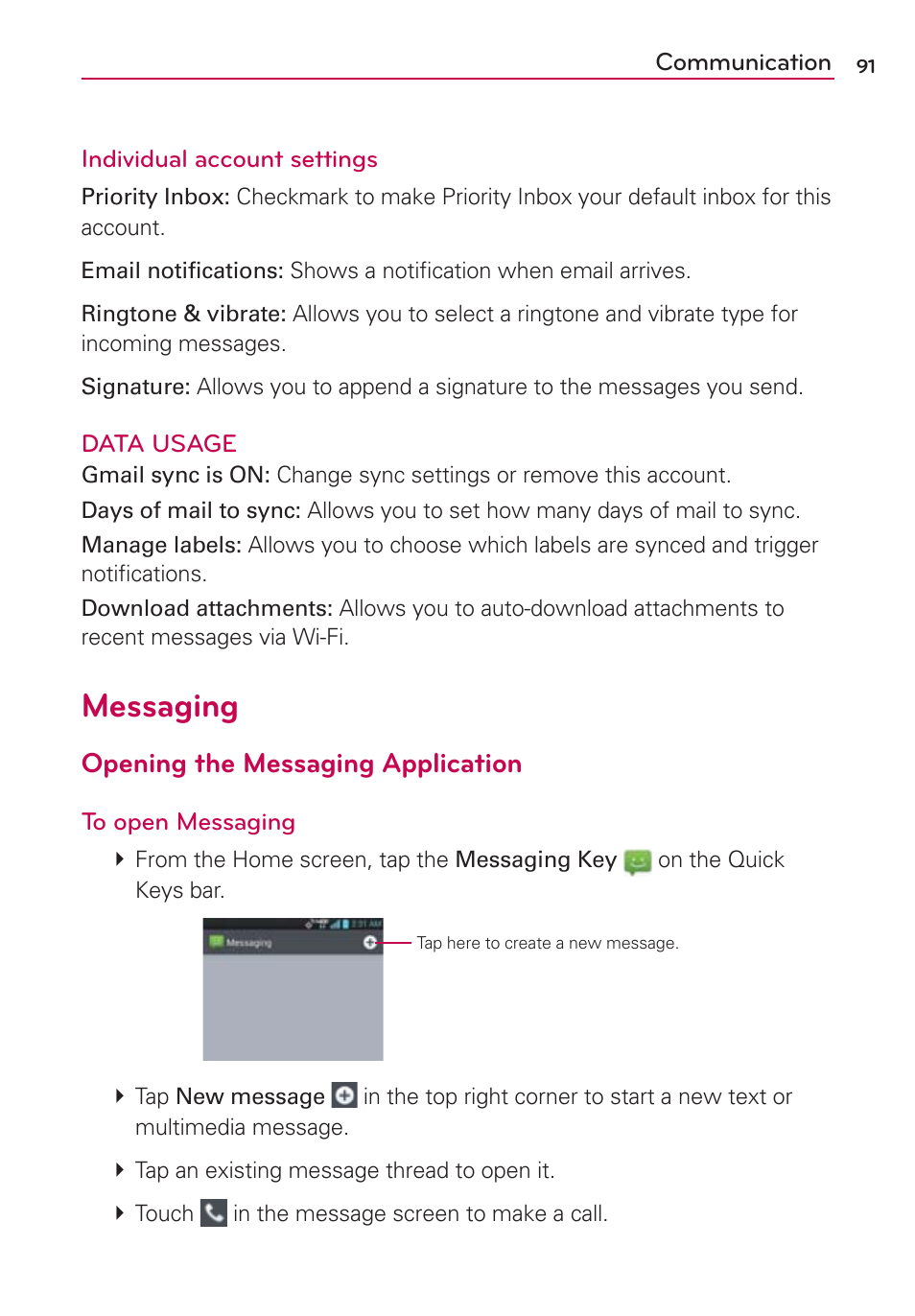 Messaging, Opening the messaging application | LG LGVS920 User Manual | Page 93 / 192