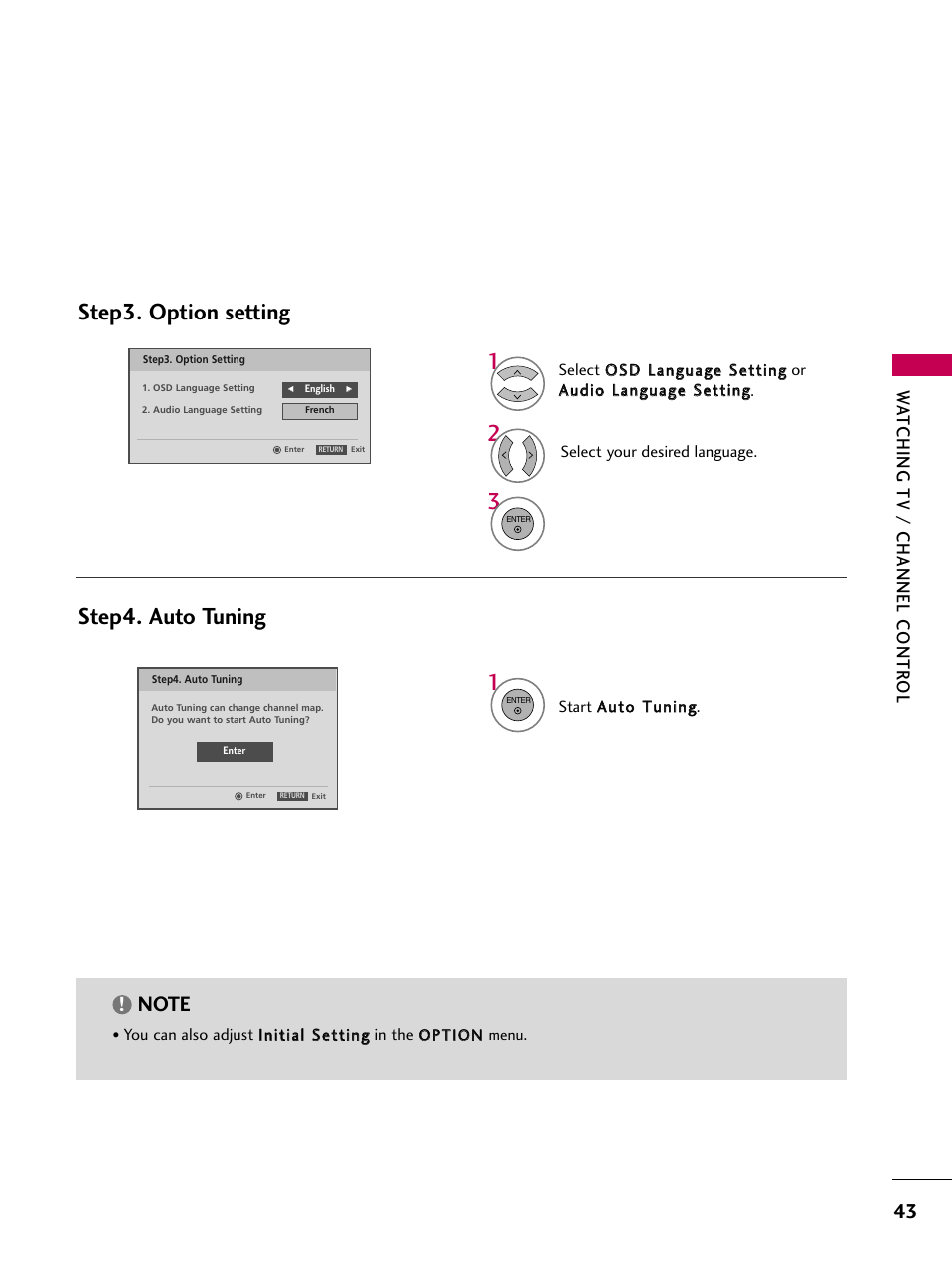 Step3. option setting step4. auto tuning, Watching tv / channel contr ol | LG 19LG30 User Manual | Page 45 / 116