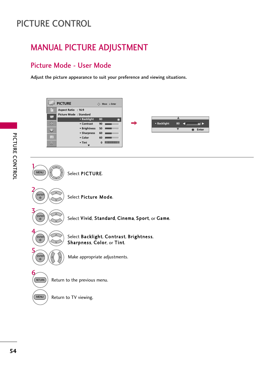 Manual picture adjustment, Picture mode - user mode, Picture control | Picture contr ol | LG 19LG30 User Manual | Page 56 / 116