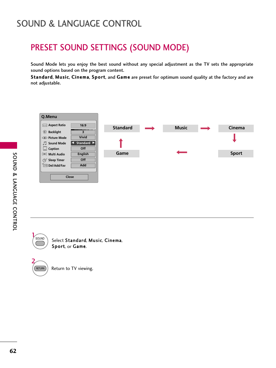 Preset sound settings (sound mode), Sound & language control, Sound & langu a ge contr ol | LG 19LG30 User Manual | Page 64 / 116