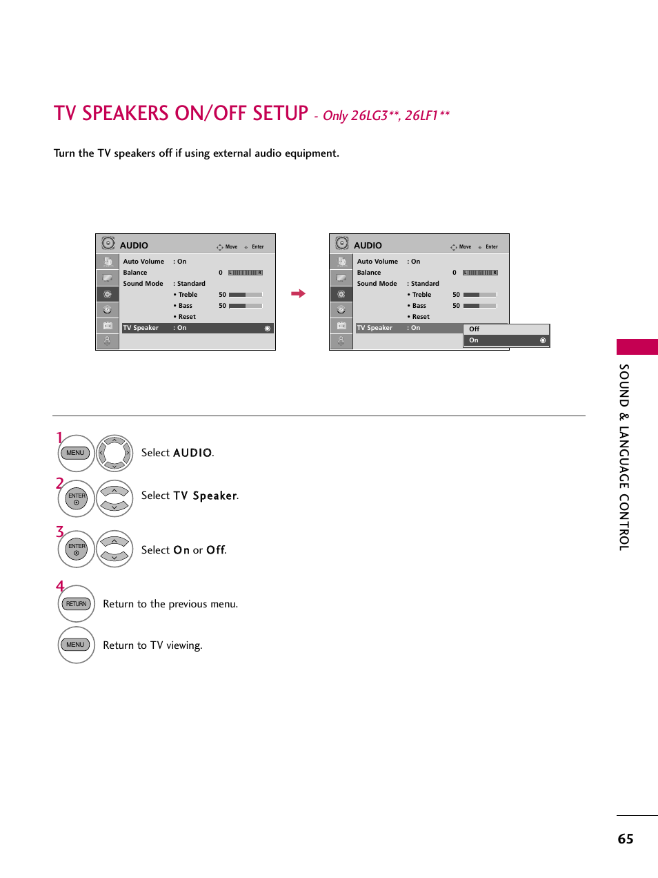 Tv speakers on/off setup, Sound & langu a ge contr ol | LG 19LG30 User Manual | Page 67 / 116