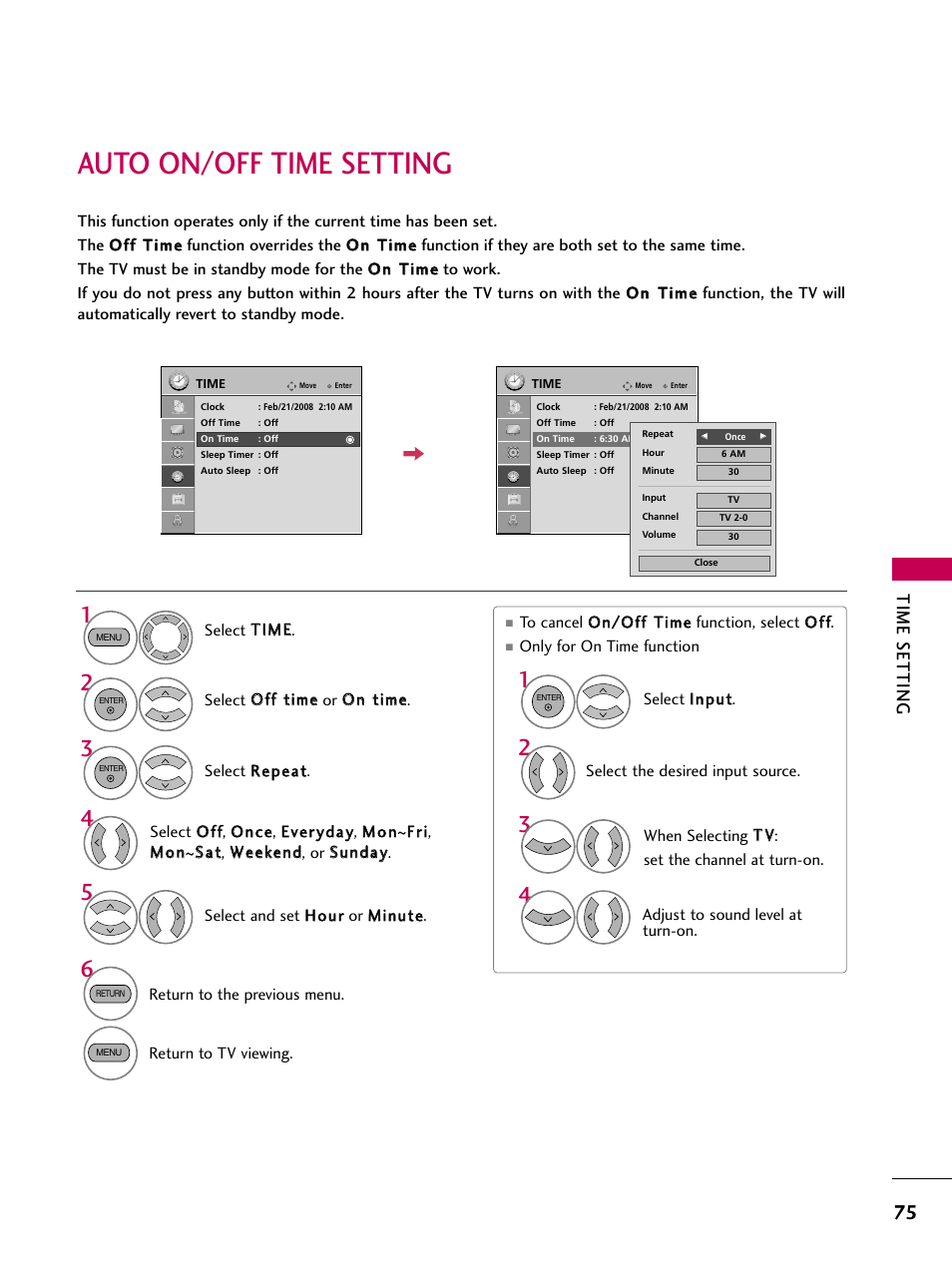 Auto on/off time setting, Time setting | LG 19LG30 User Manual | Page 77 / 116