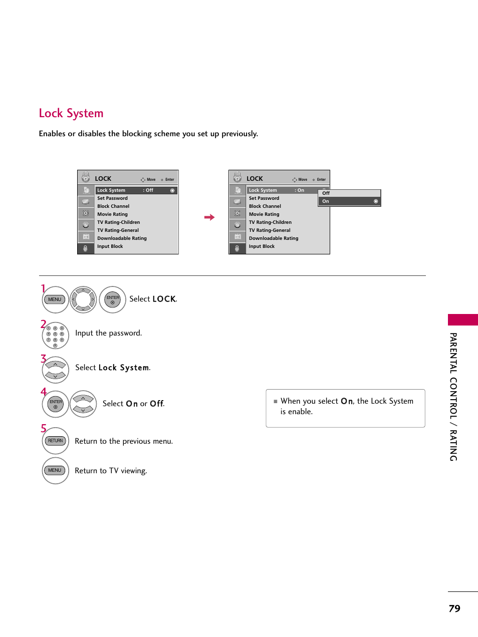 Lock system, Parent al contr ol / r ating, When you select o o nn, the lock system is enable | Select llo oc ck k, Input the password, Return to the previous menu, Return to tv viewing | LG 19LG30 User Manual | Page 81 / 116