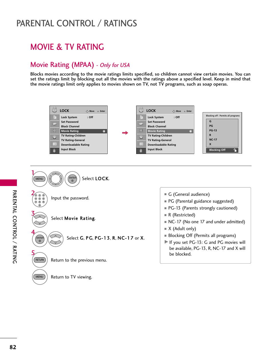 Movie & tv rating, Movie rating (mpaa) - only for usa, Parental control / ratings | Movie rating (mpaa), Only for usa, Parent al contr ol / r ating | LG 19LG30 User Manual | Page 84 / 116