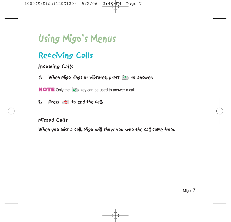 Using migo’s menus, Receiving calls | LG VX1000 User Manual | Page 10 / 20