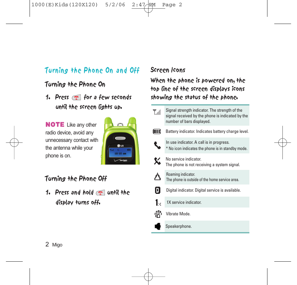 Turning the phone on and off | LG VX1000 User Manual | Page 5 / 20