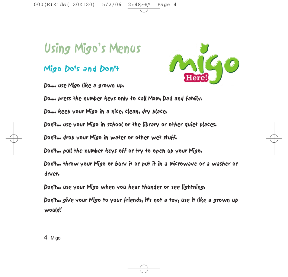 Using migo’s menus, Migo do's and don't | LG VX1000 User Manual | Page 7 / 20