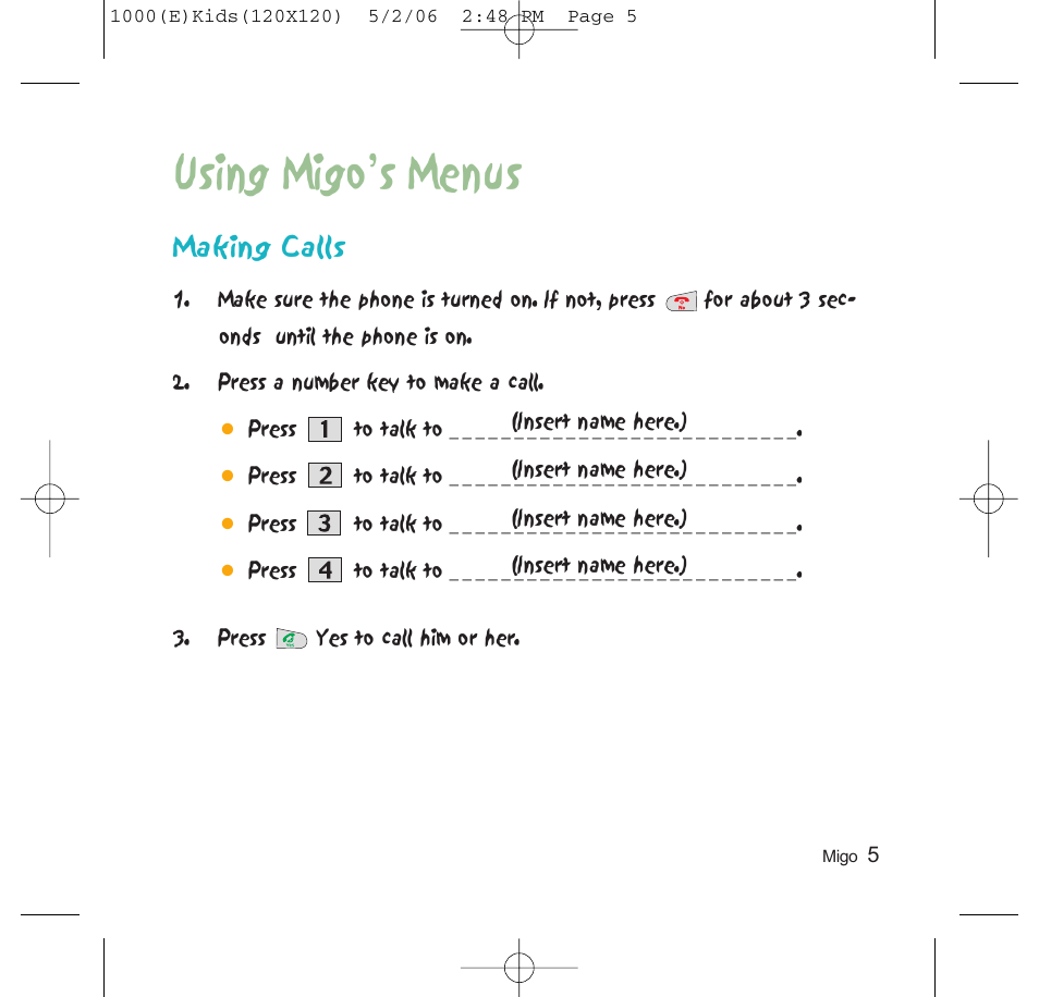 Using migo’s menus, Making calls | LG VX1000 User Manual | Page 8 / 20