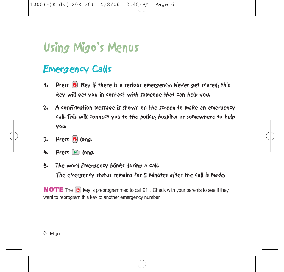 Using migo’s menus, Emergency calls | LG VX1000 User Manual | Page 9 / 20