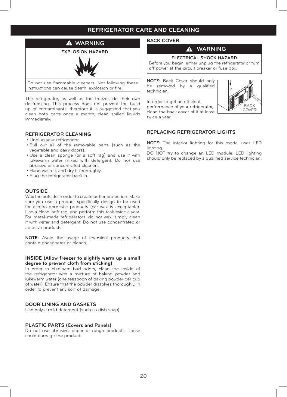 Warning, Refrigerator care and cleaning | LG LFC20770SB User Manual | Page 21 / 30