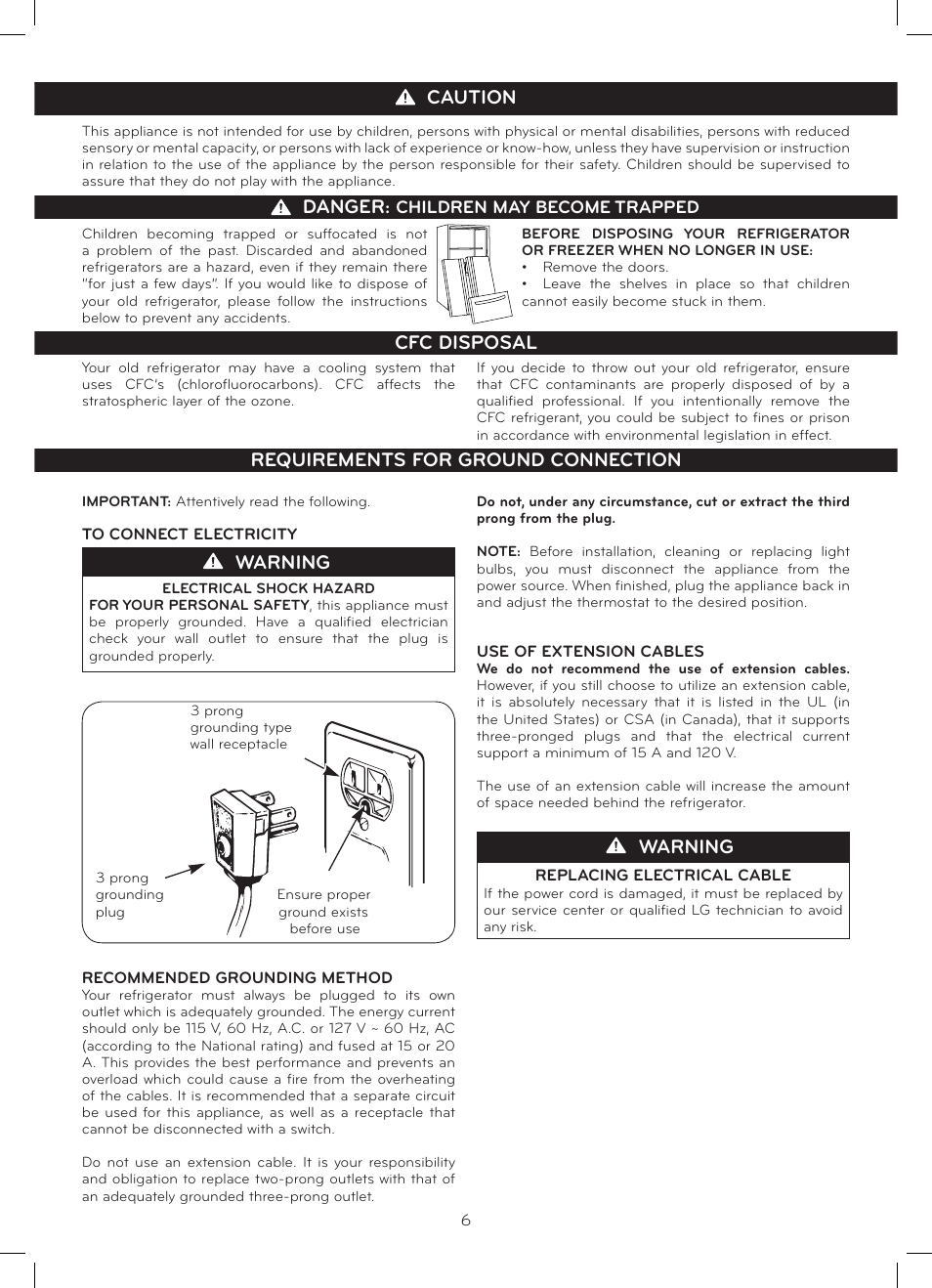 Warning, Caution danger | LG LFC20770SB User Manual | Page 7 / 30