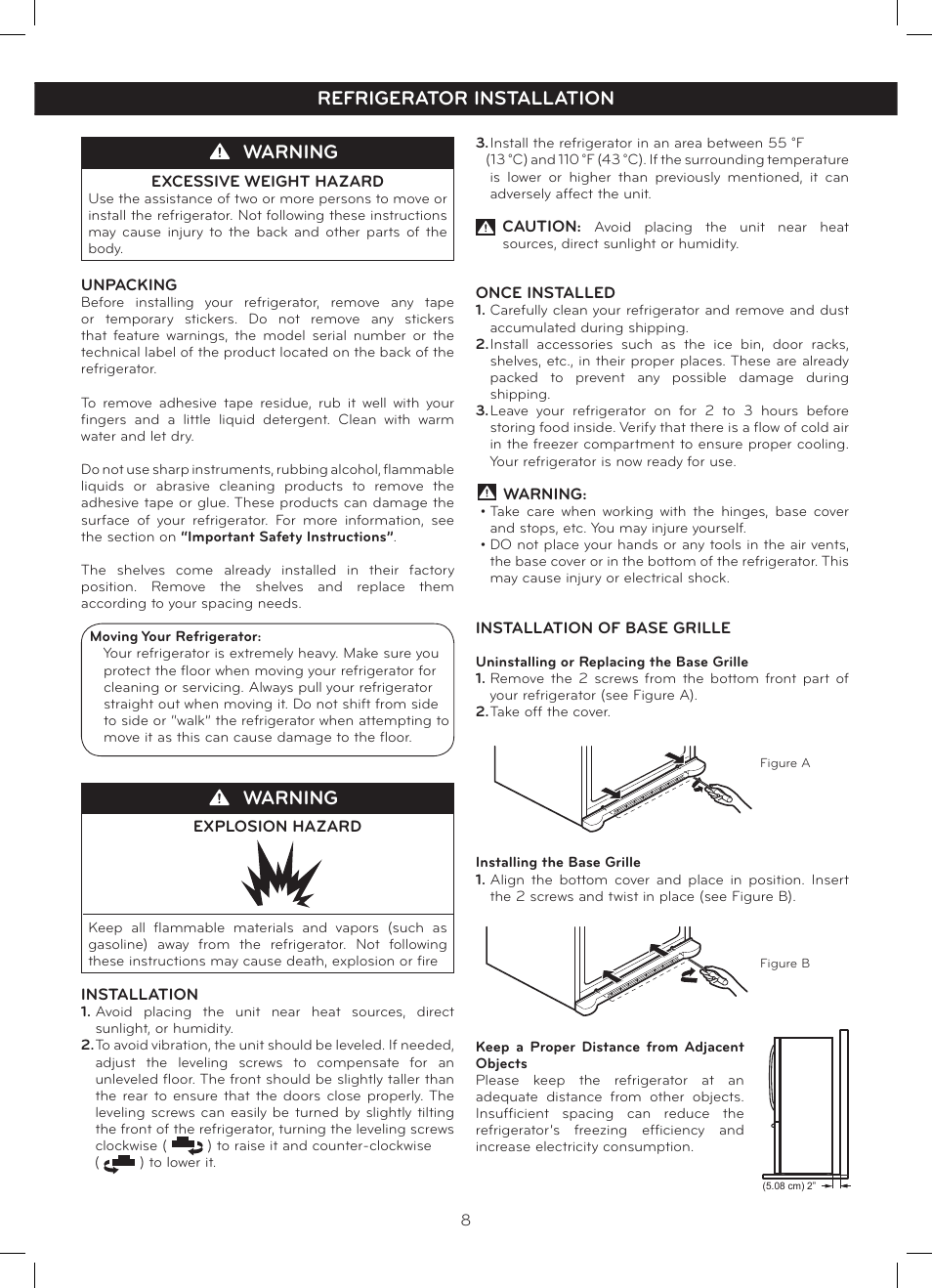 Refrigerator installation warning, Warning, Refrigerator installation | LG LFC20770SB User Manual | Page 9 / 30