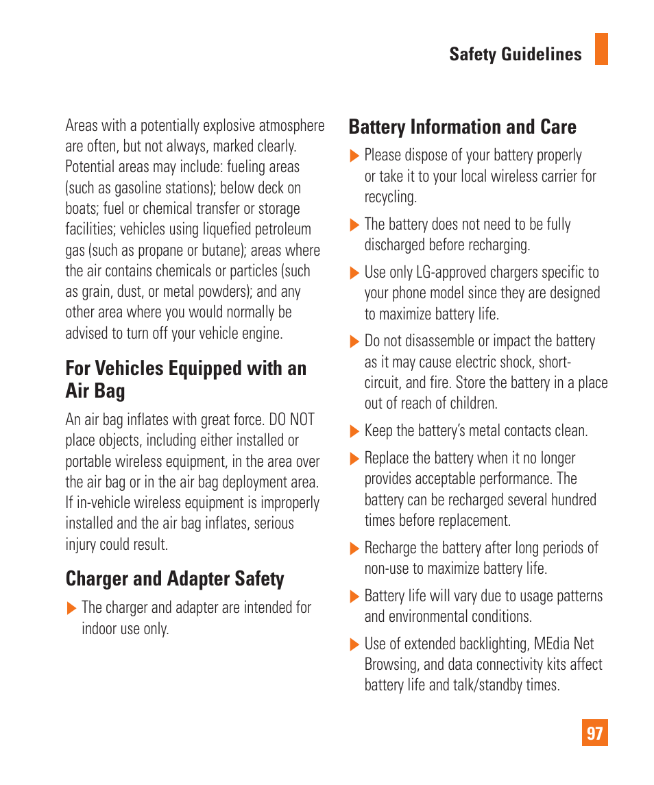 For vehicles equipped with an air bag, Charger and adapter safety, Battery information and care | LG LGC900 User Manual | Page 101 / 244