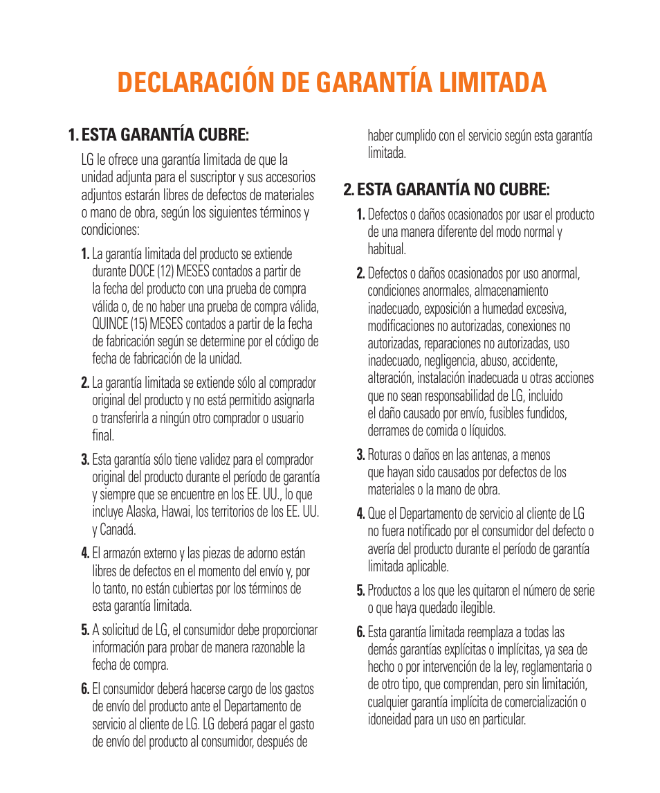 Declaración de garantía limitada | LG LGC900 User Manual | Page 117 / 244