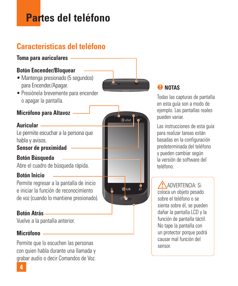 Partes del teléfono, Características del teléfono | LG LGC900 User Manual | Page 122 / 244