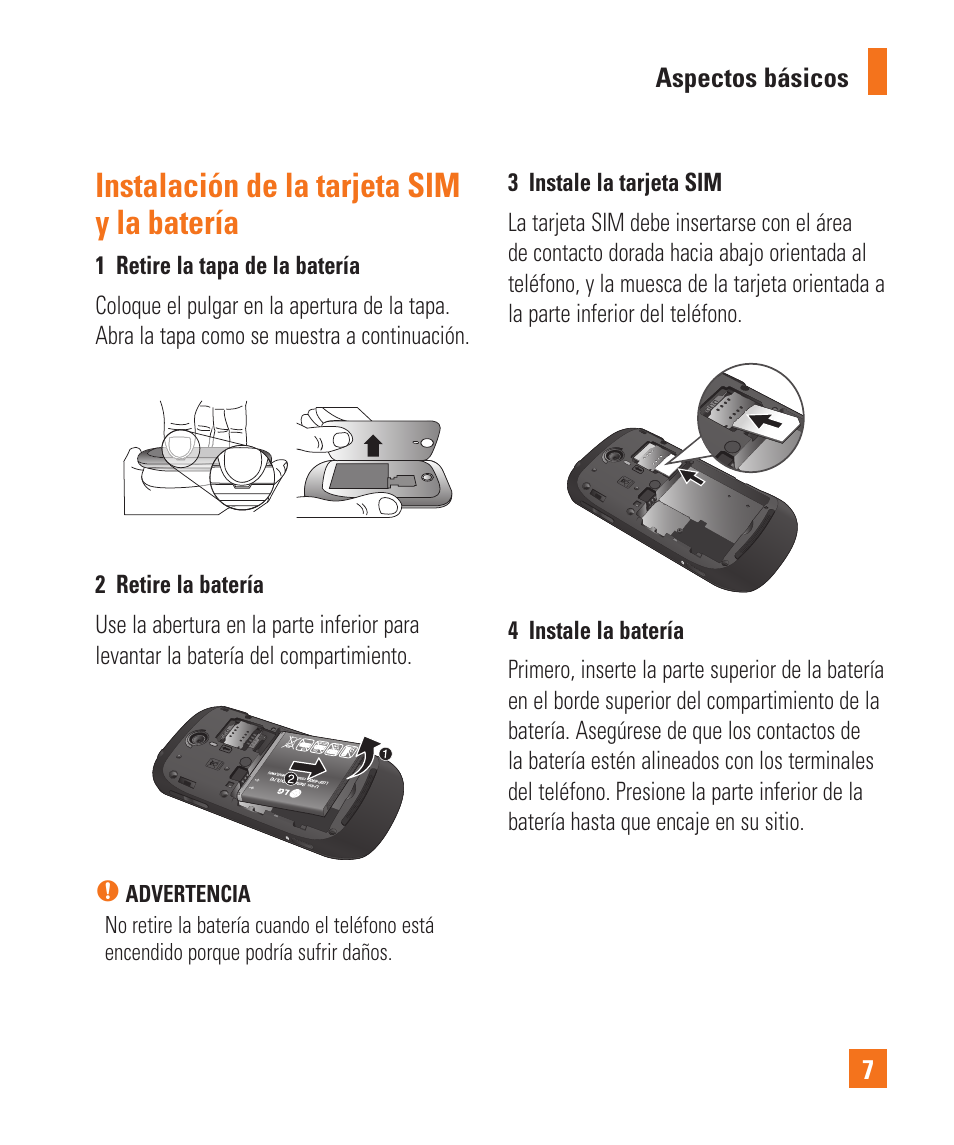 Instalación de la tarjeta sim y la batería | LG LGC900 User Manual | Page 125 / 244