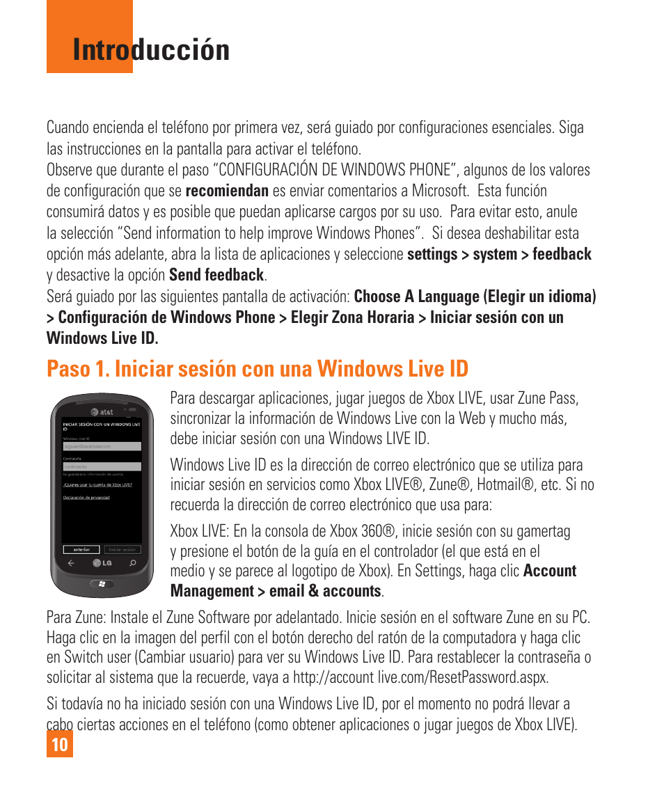 Introducción, Paso 1. iniciar sesión con una windows live id | LG LGC900 User Manual | Page 128 / 244