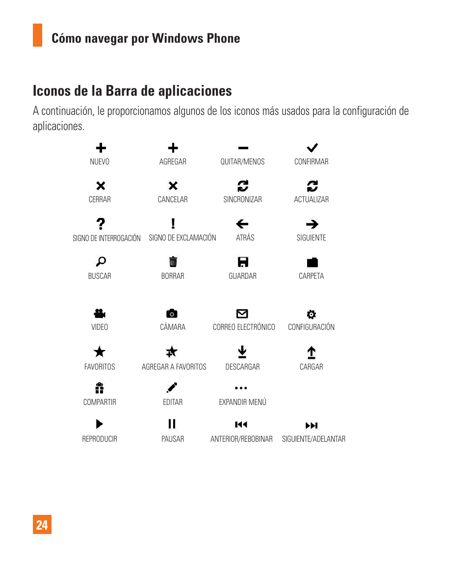Iconos de la barra de aplicaciones, Cómo navegar por windows phone 24 | LG LGC900 User Manual | Page 142 / 244