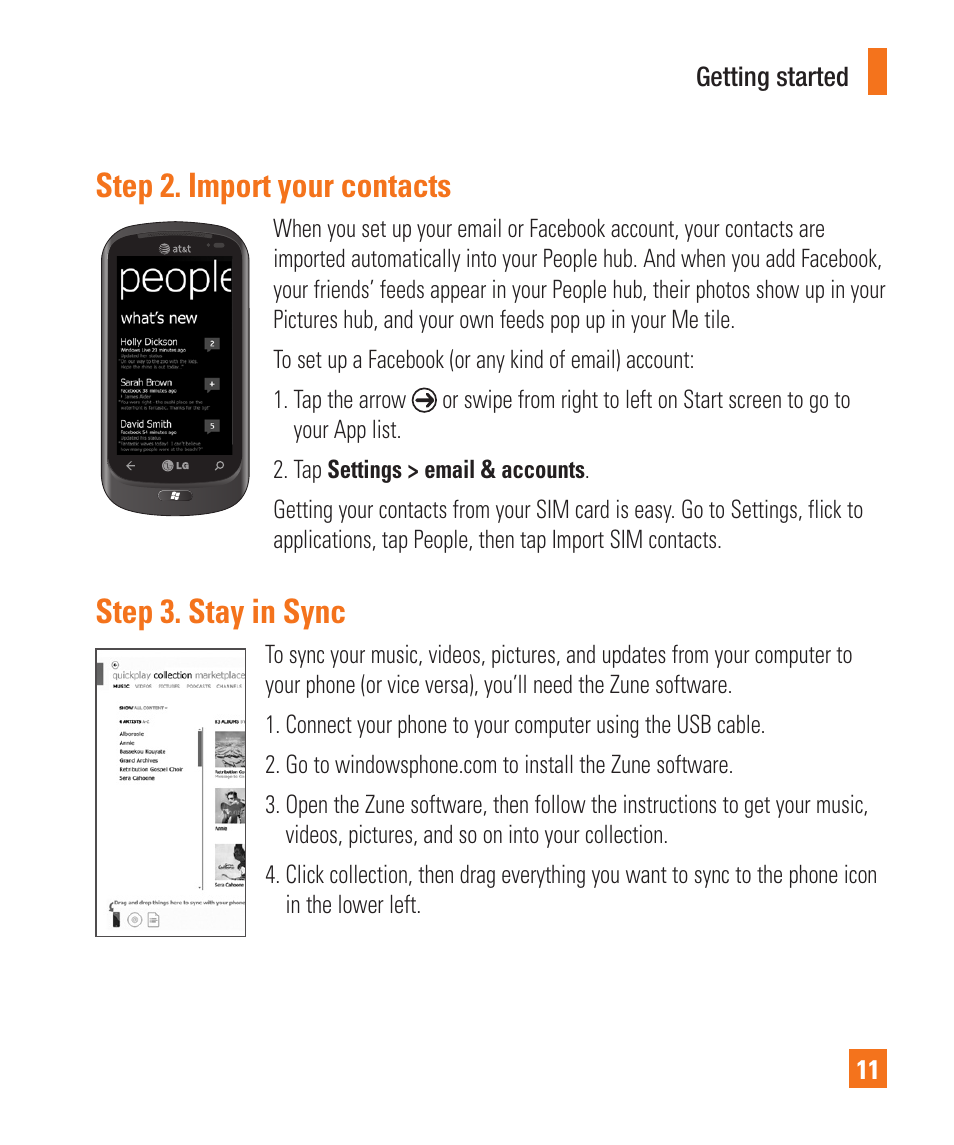 Step 2. import your contacts, Step 3. stay in sync | LG LGC900 User Manual | Page 15 / 244