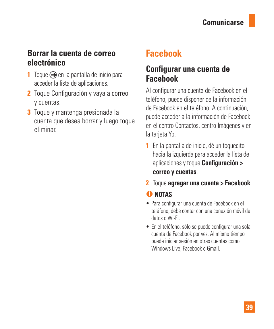 Facebook, Borrar la cuenta de correo electrónico, Configurar una cuenta de facebook | LG LGC900 User Manual | Page 157 / 244