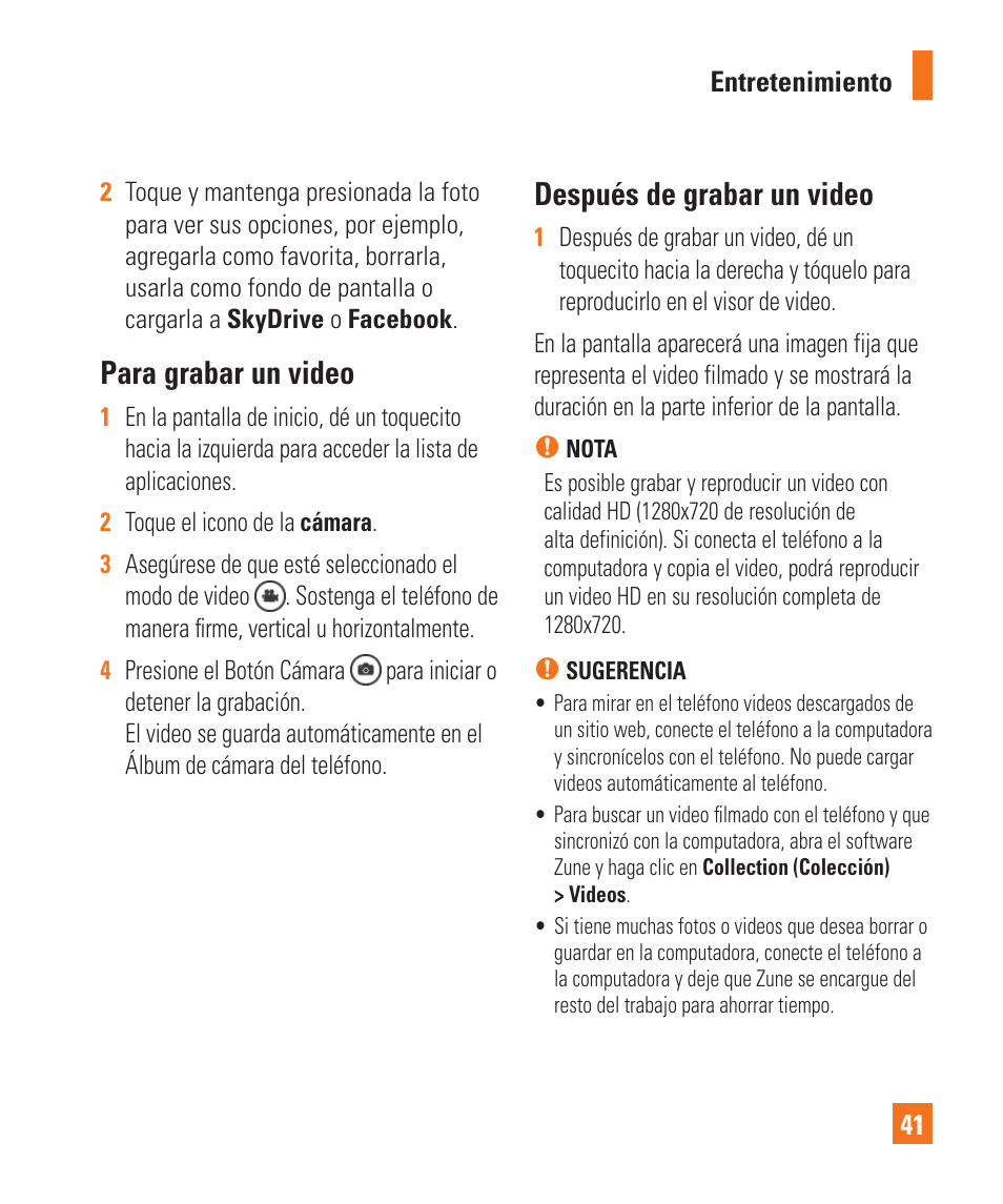 Para grabar un video, Después de grabar un video | LG LGC900 User Manual | Page 159 / 244