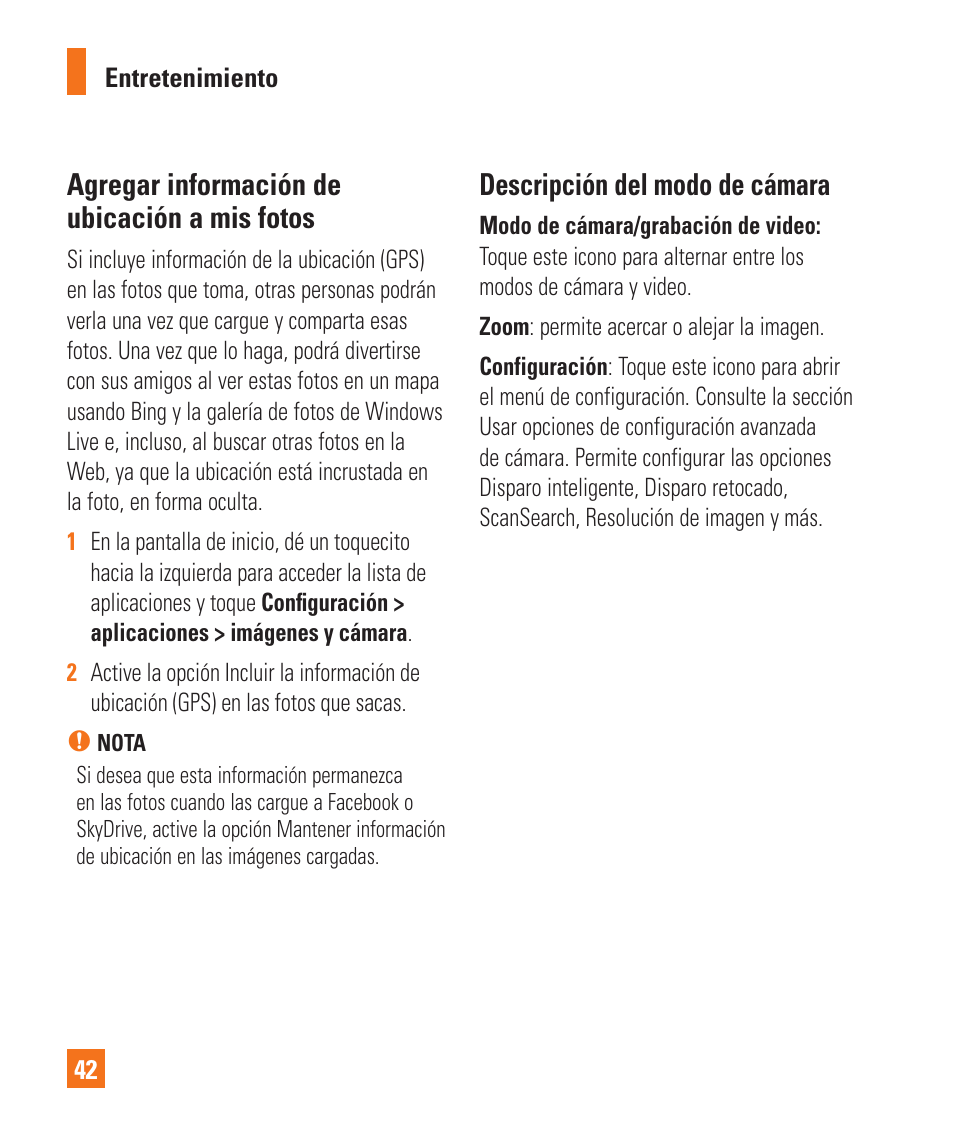 Agregar información de ubicación a mis fotos, Descripción del modo de cámara | LG LGC900 User Manual | Page 160 / 244