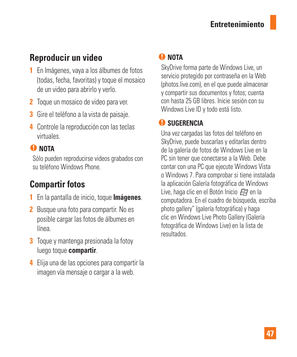 Reproducir un video, Compartir fotos | LG LGC900 User Manual | Page 165 / 244