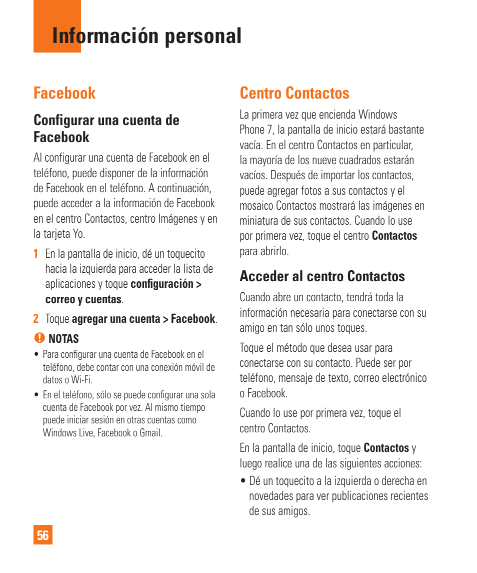 Información personal, Facebook, Centro contactos | Configurar una cuenta de facebook, Acceder al centro contactos | LG LGC900 User Manual | Page 174 / 244