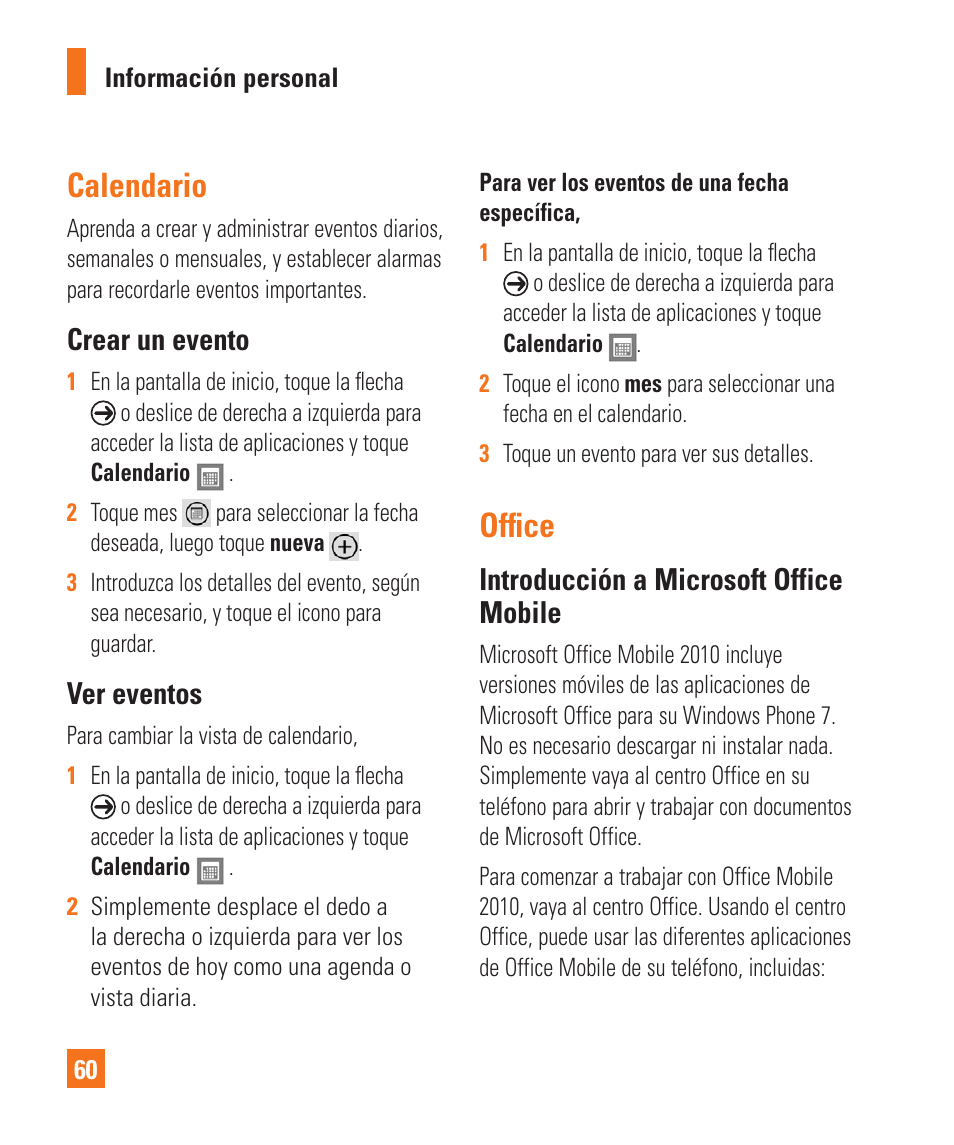 Calendario, Office, Crear un evento | Ver eventos, Introducción a microsoft office mobile | LG LGC900 User Manual | Page 178 / 244