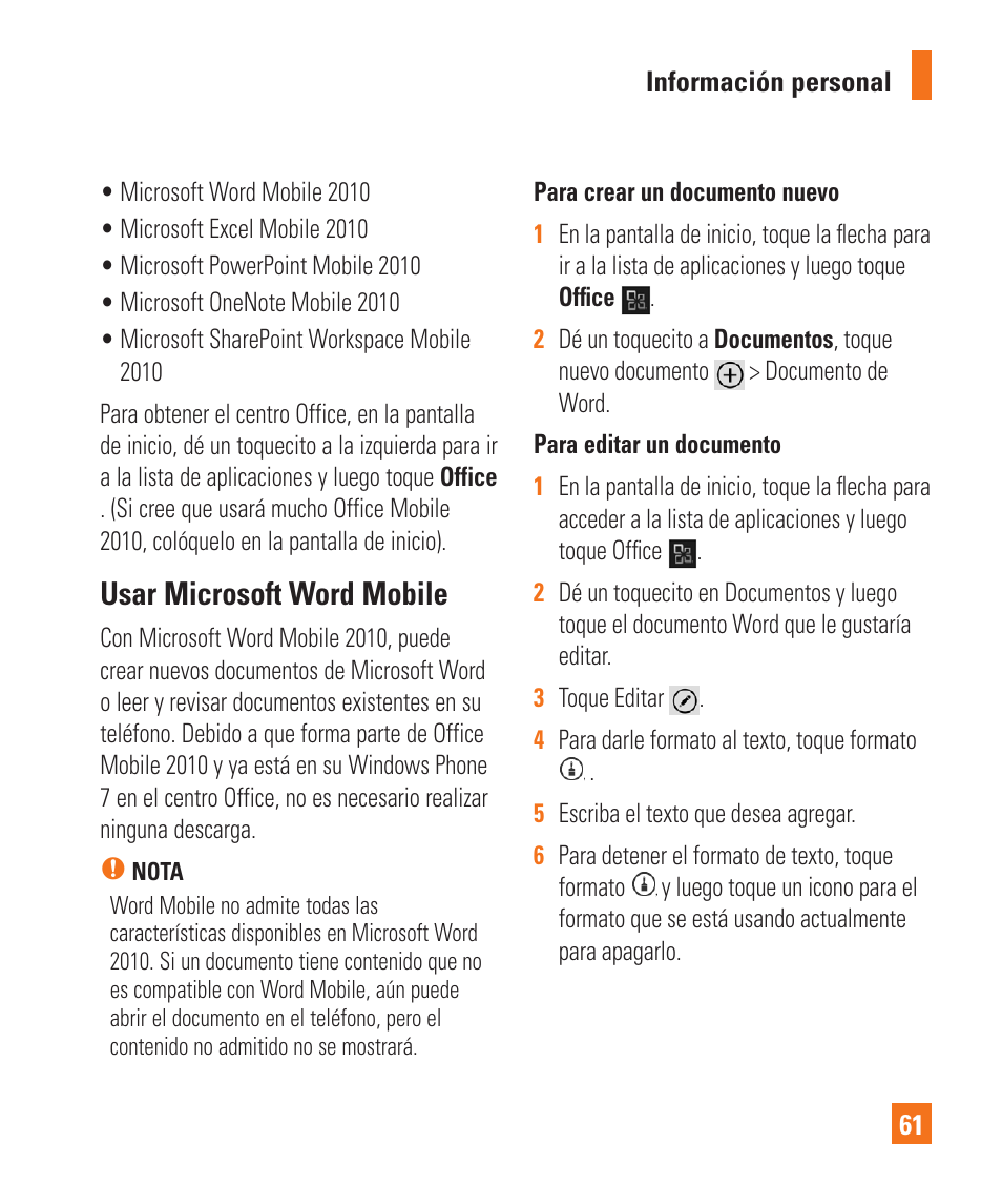 Usar microsoft word mobile, Información personal 61 | LG LGC900 User Manual | Page 179 / 244