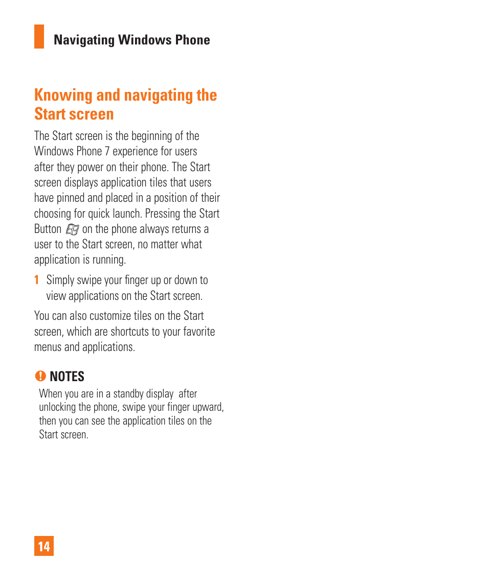 Knowing and navigating the start screen | LG LGC900 User Manual | Page 18 / 244