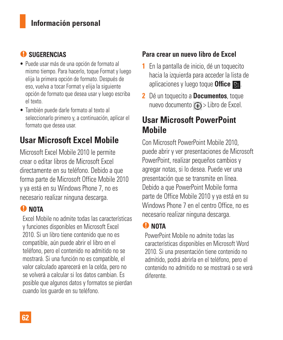 Usar microsoft excel mobile, Usar microsoft powerpoint mobile | LG LGC900 User Manual | Page 180 / 244