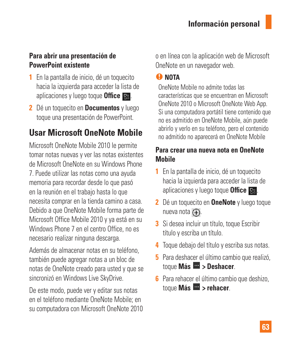 Información personal 63, Rehacer | LG LGC900 User Manual | Page 181 / 244