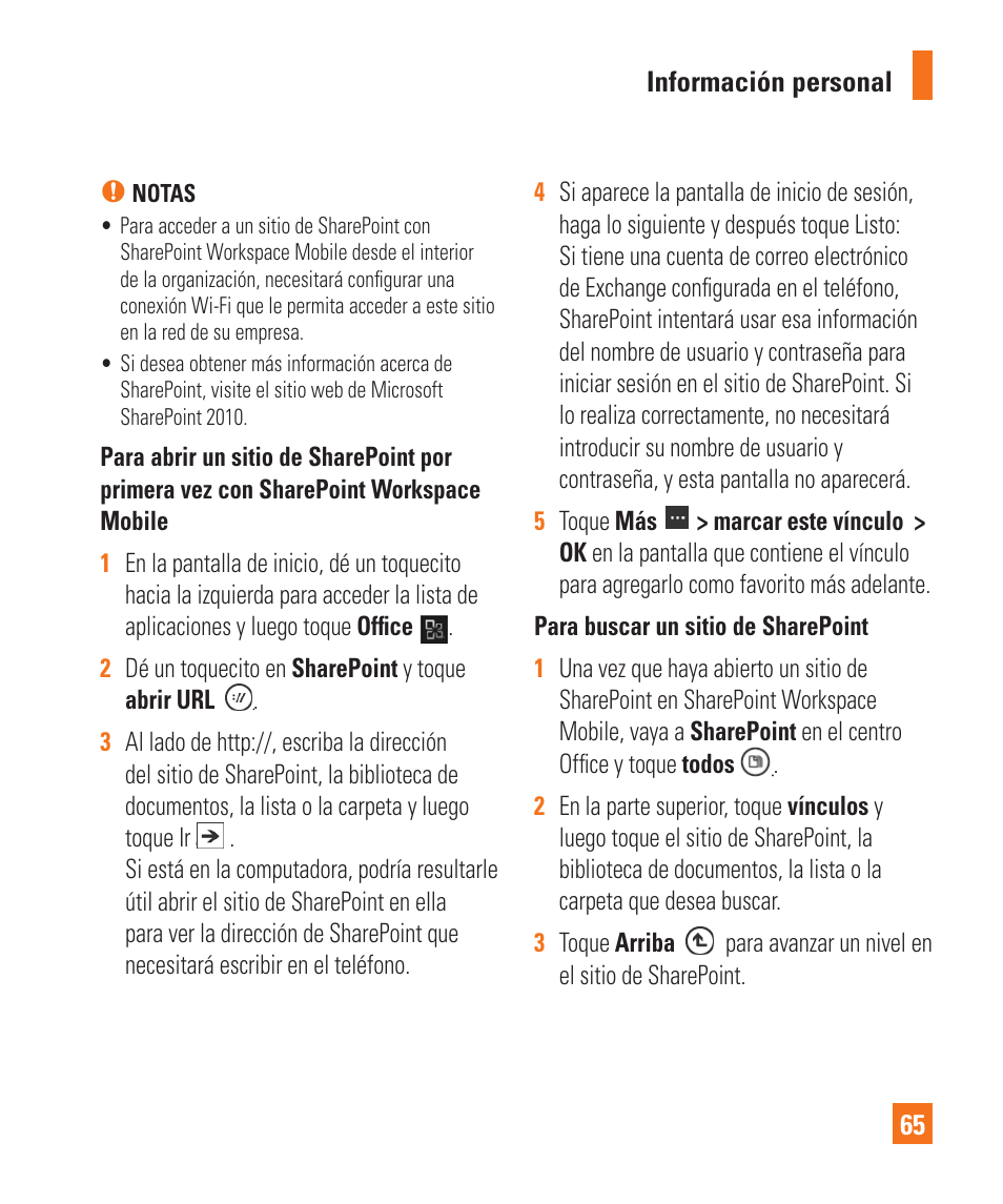 Información personal 65, Para avanzar un nivel en el sitio de sharepoint, Notas | LG LGC900 User Manual | Page 183 / 244