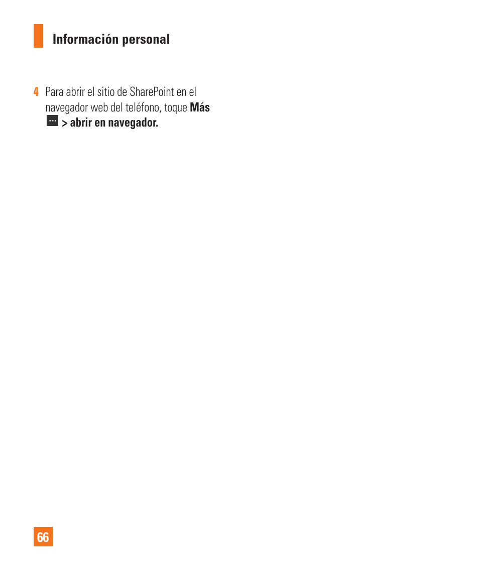 Información personal 66, Abrir en navegador, Use microsoft sharepoint workspace mobile | LG LGC900 User Manual | Page 184 / 244