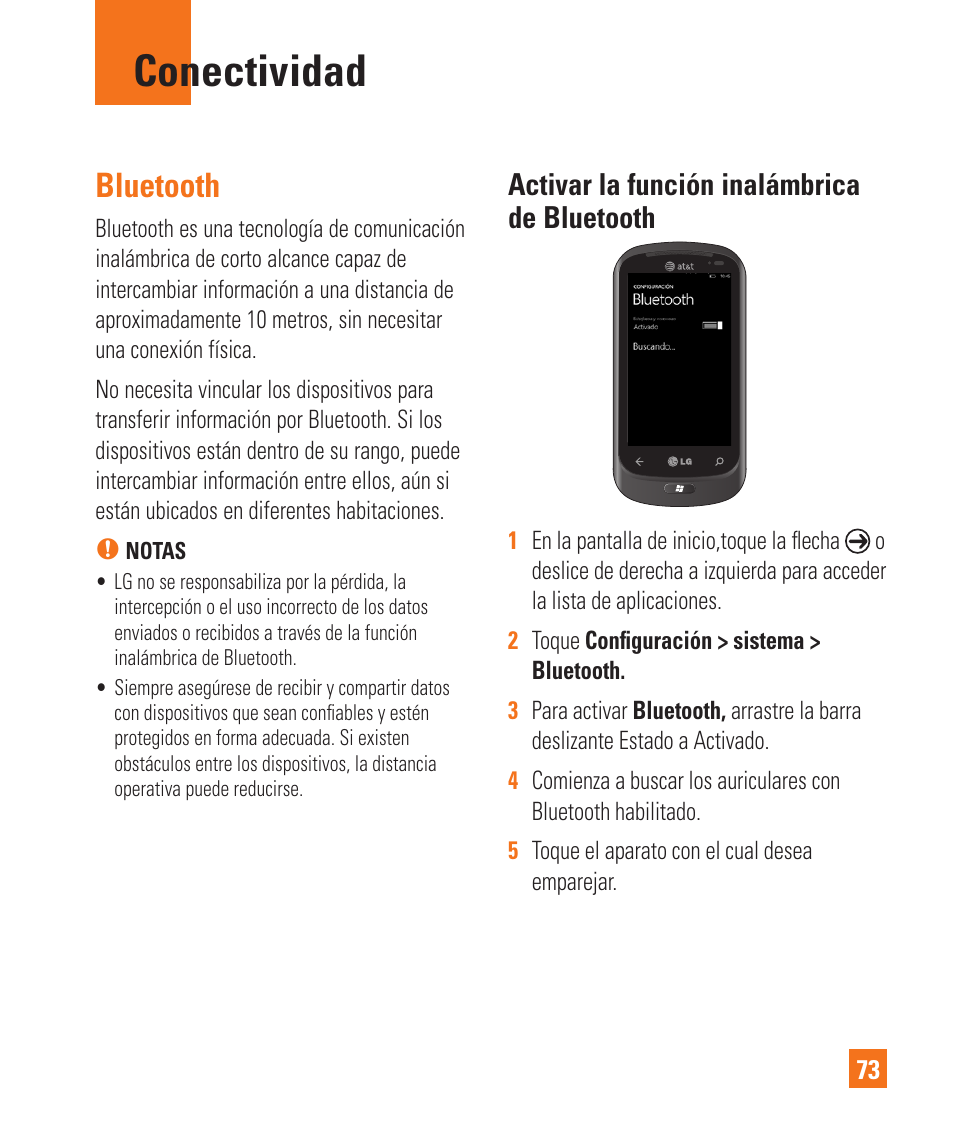 Conectividad, Bluetooth, Activar la función inalámbrica de bluetooth | LG LGC900 User Manual | Page 191 / 244