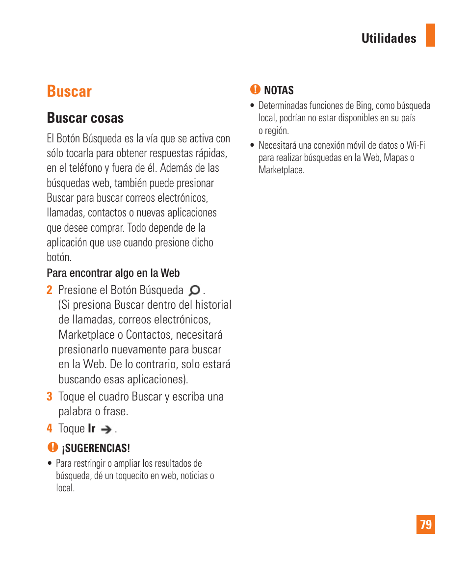 Buscar, Buscar cosas | LG LGC900 User Manual | Page 197 / 244