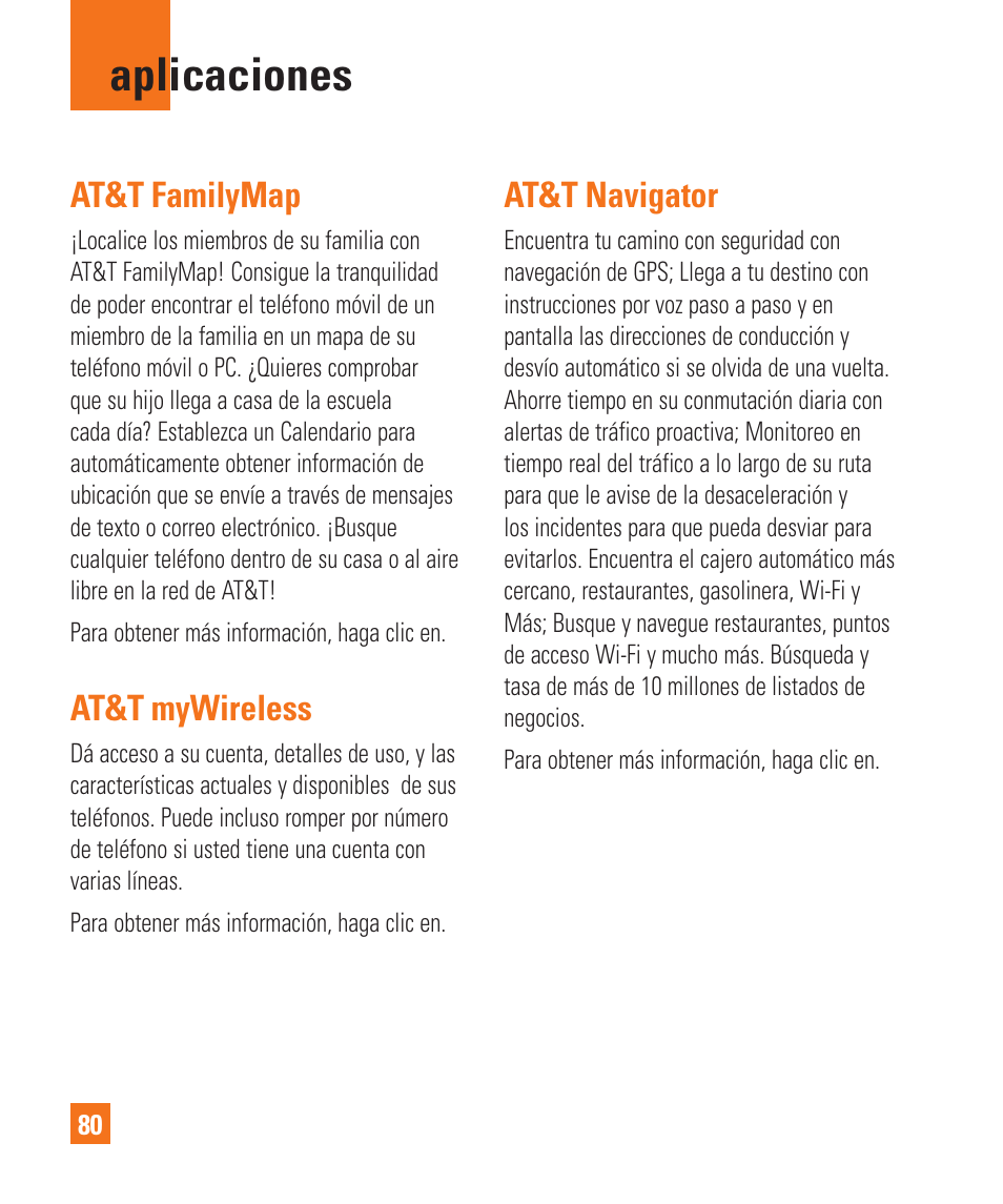 Aplicaciones, At&t familymap, At&t mywireless | At&t navigator | LG LGC900 User Manual | Page 198 / 244