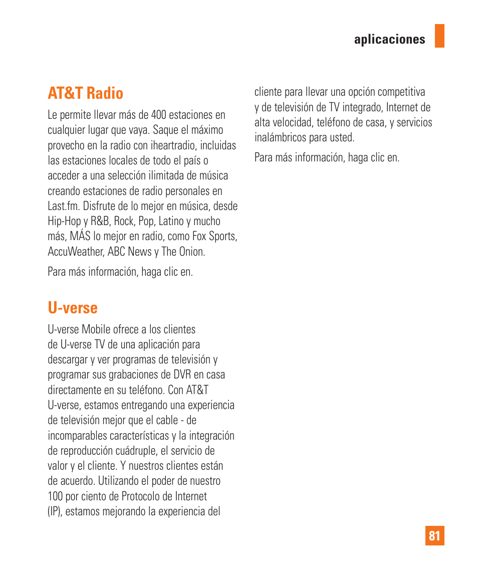 At&t radio, U-verse | LG LGC900 User Manual | Page 199 / 244