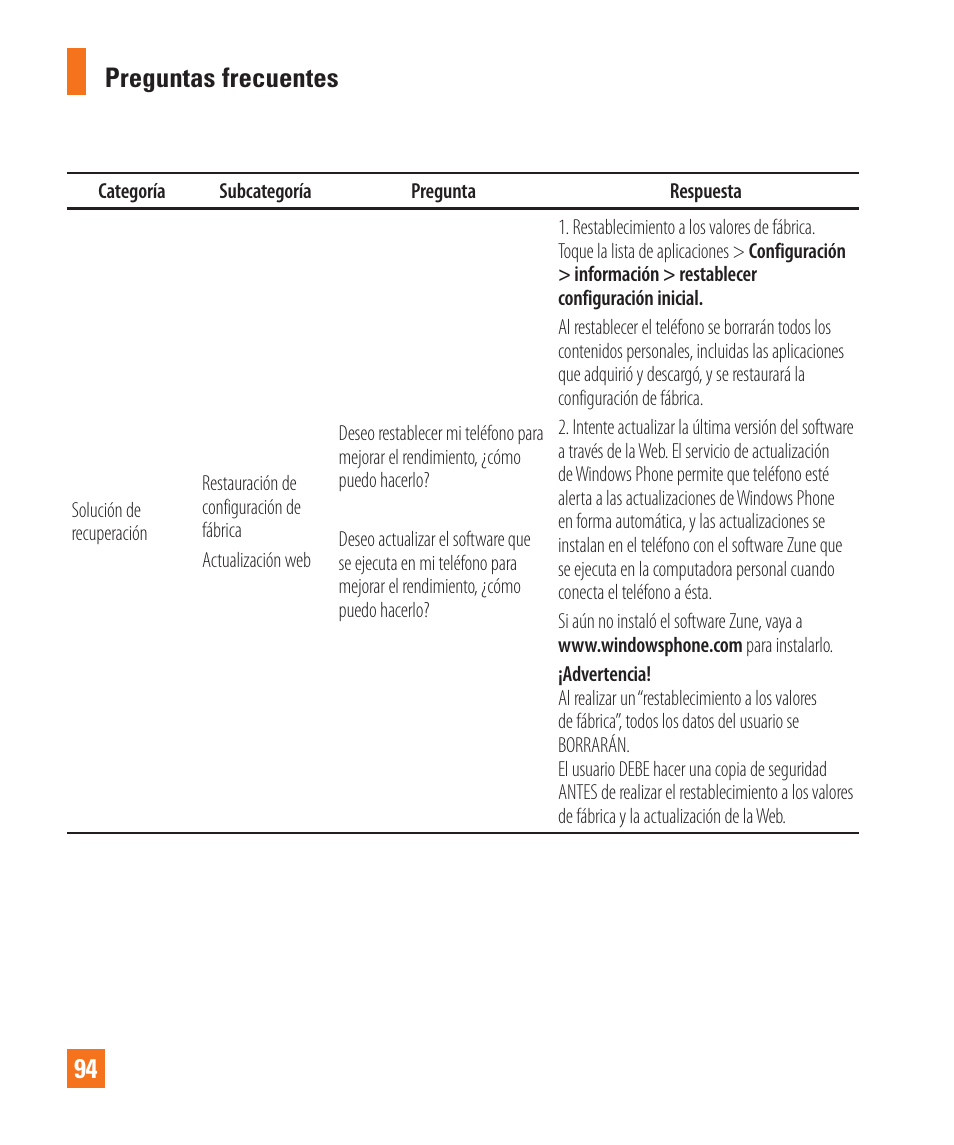 Preguntas frecuentes 94 | LG LGC900 User Manual | Page 212 / 244