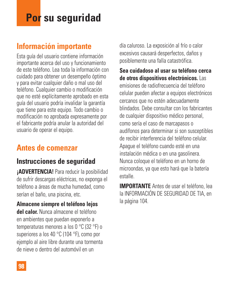 Por su seguridad, Información importante, Antes de comenzar | Instrucciones de seguridad | LG LGC900 User Manual | Page 216 / 244