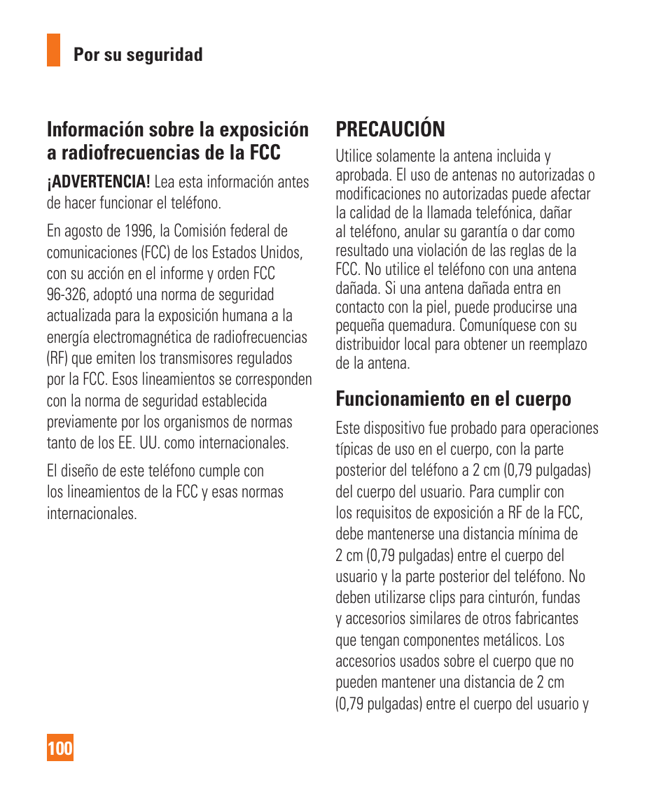 Precaución, Funcionamiento en el cuerpo | LG LGC900 User Manual | Page 218 / 244