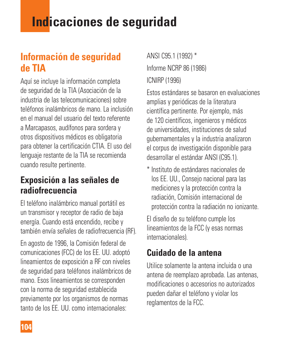 Indicaciones de seguridad, Información de seguridad de tia, Exposición a las señales de radiofrecuencia | Cuidado de la antena | LG LGC900 User Manual | Page 222 / 244